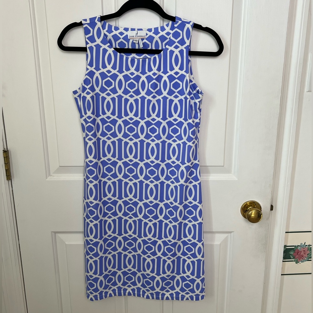 Jude Connally Blue and White Geometric Sheath Dress